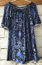 West Loop Wm. M Tunic Top Dress Abstract Blue Lace Trim Bell Slves Poly Spandex  - £14.63 GBP