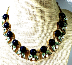 Vintage J CREW Gold Color , Blue Cabochon &amp; Green Crystals 20&quot; necklace, signed - £19.80 GBP