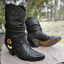 Vintage Spain ZODIAC Slouchy Leather Western Boots- Black Concho Beaded ... - $105.95