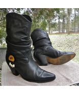 Vintage Spain ZODIAC Slouchy Leather Western Boots- Black Concho Beaded ... - £81.59 GBP