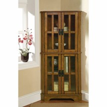Oak Finish Wooden Corner Curio Cabinet Glass Doors Display Shelves Stora... - $485.99