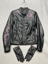 Harley Davidson Riding Leather Motorcycle Jacket Wmn Sz XS Floral Logo w/ Gloves - £133.86 GBP