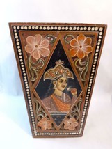 Wood Basket Large Handmade Hand Painted India Planter  Vase People Floral - £39.55 GBP