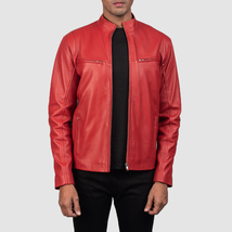 LE Ionic Red Men Biker Leather Jacket - £109.82 GBP+