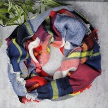Red Navy Blue Yellow White Plaid Blanket Scarf with Fringe - £9.27 GBP