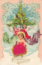 Christmas Greetings~Angels Hold TREE-BABY Jesus In MANGER-CLOTH Blanket Postcard - £7.53 GBP