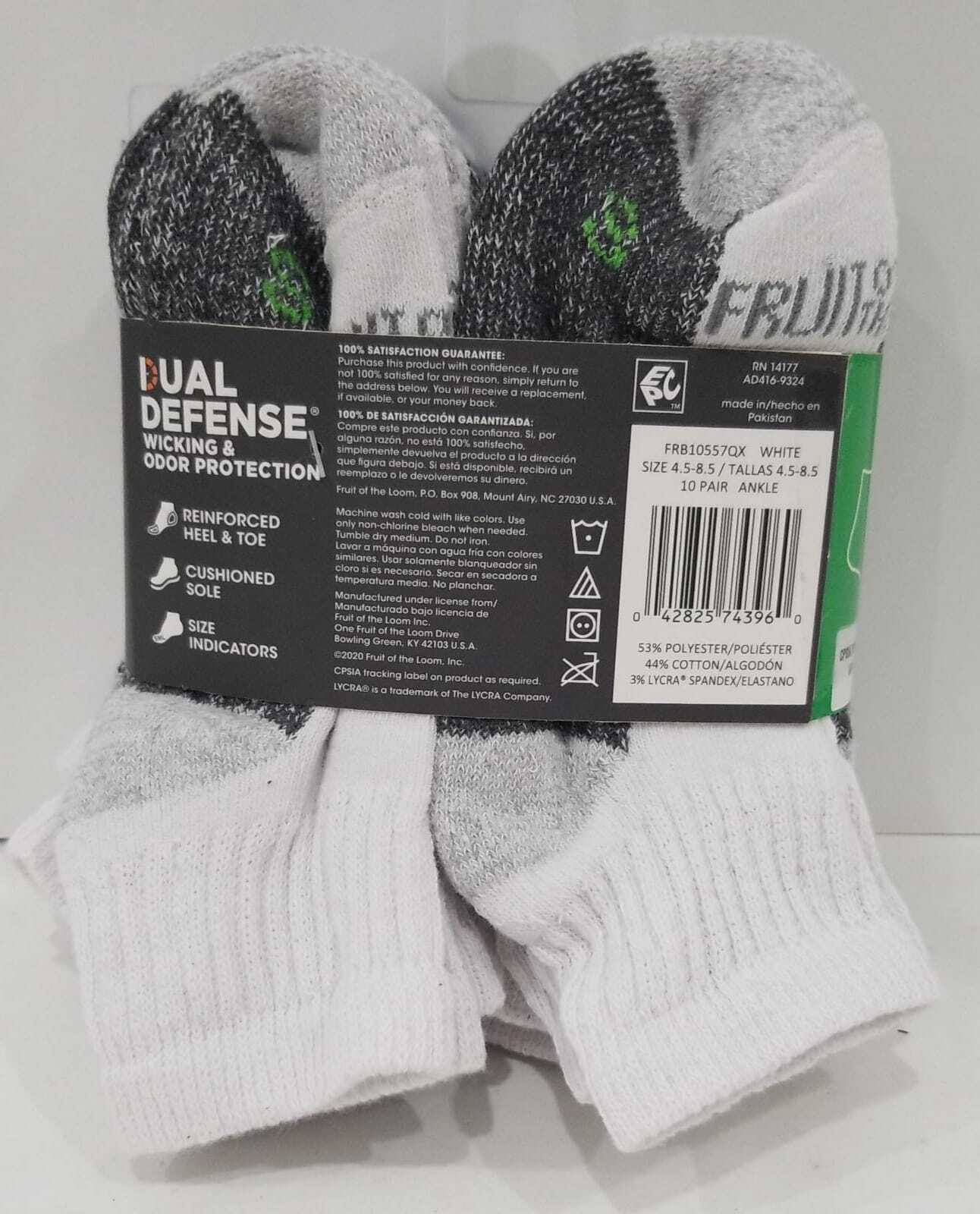 Fruit of the Loom Boys Durable Ankle Socks, 10 Pack, White Size 4.5-8.5 Item image 2
