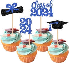 2024 Graduation Theme Cupcake Toppers 36 PCS - Glitter Class of 2024 Graduation - £14.00 GBP