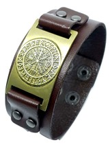 Vegvisir Bracelet Leather Cuff Viking Gold Tone Magic Stave Compass Rune Sigil - £6.97 GBP