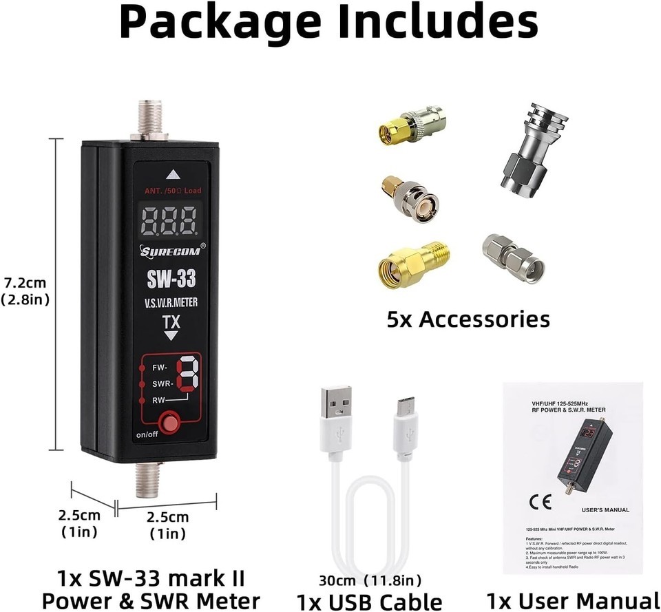 SW-33 Mark II Handheld VHF/UHF Power Meter: 100W, 125-525 MHz, User-Friendly Item image 10