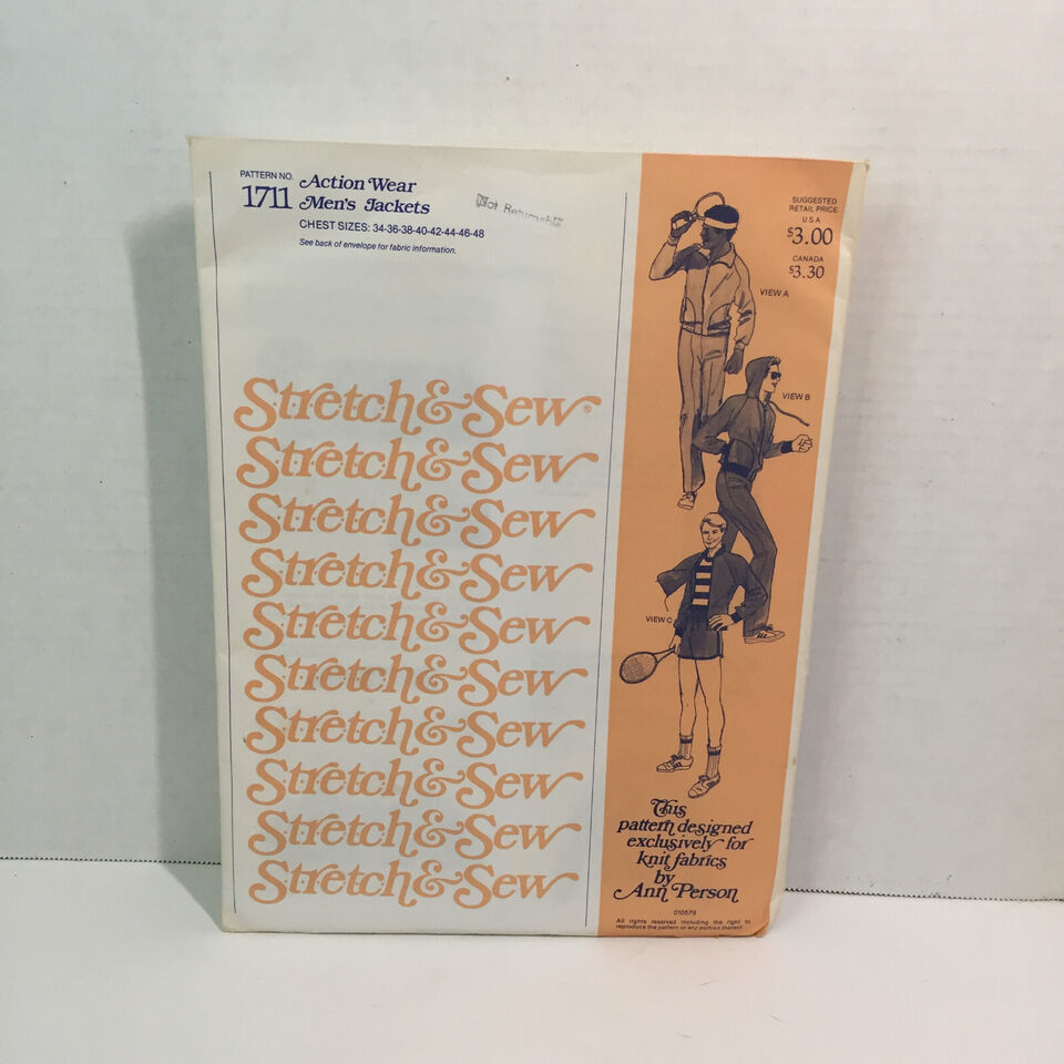 Stretch & Sew #1711 Action Wear Men's Jackets Chest Sizes 34-48 - $12.86