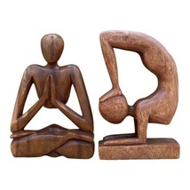 Sugar Wood Carved Yoga Pose LOT 2 Sculpture Statue Home Decor Figurine 8” - £56.37 GBP