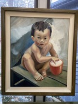 Vintage Original Oil Painting on Canvas Asian Child with Rice Bowl Signe... - £79.83 GBP