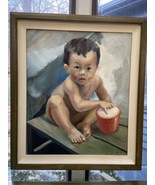 Vintage Original Oil Painting on Canvas Asian Child with Rice Bowl Signe... - £79.93 GBP