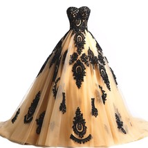 Kivary Gold and Black Lace Gothic Wedding Dresses Corset Prom Evening Gowns Long - £133.10 GBP