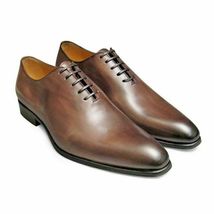 Handmade Men&#39;s Genuine Brown Leather Full Upper Patina Lace Up Formal Shoes - £101.67 GBP