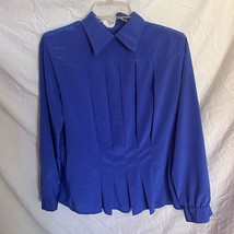 City Girl Vintage Button Back Pleated Collared Shirt Blue Shoulder Pads Business - £11.48 GBP