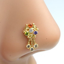 Gold Plated Ethnic Indian Dangle nose ring Multicolor CZ Twisted 22g - £11.79 GBP