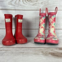 Lot of 2 Pairs Girls Size 10 Rubber Rain Boots Red &amp; Pink Tie Dye Pull-On - £13.54 GBP