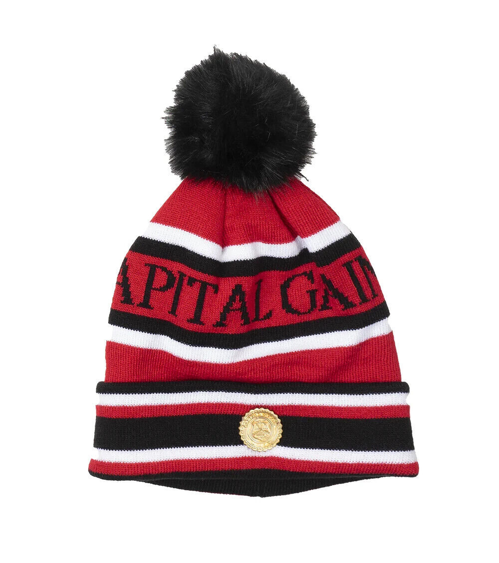 Capital Gains Streetwear Fuzzy Pom Red & Black Beanie Winter Hat