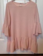 Pleione Soft Pink Ruffle Elbow hem Sleeve Tee SMALL S semi sheer lightwe... - $12.84