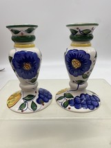 Bella Casa by Ganz Candle Holders 6” Floral Fruit Design Hand Painted Blue White - £19.51 GBP