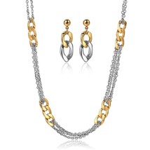 Steel necklace earrings set for women gold color cuban chain mix silver color rolo link thumb200