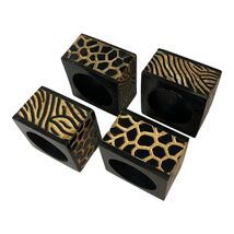 Vintage Set of 4 Black Gold Animal Print Napkin Rings Hard Plastic Zebra... - $16.20