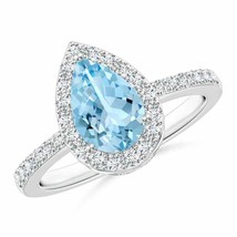 ANGARA Pear Aquamarine Ring with Diamond Halo for Women, Girls in 14K Solid Gold - £1,509.79 GBP
