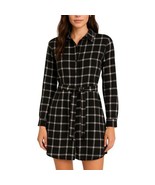 Black Plaid Casual Loose Long Sleeved Belted Dress - $365.18 MXN