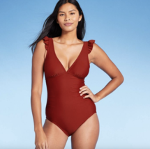 Kona Sol Women&#39;s Ruffle Shoulder High Coverage One Piece Swimsuit, Burgundy, L - £10.38 GBP