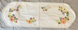 Vintage Hand Embroidered Table Runner Dresser Scarf Crocheted Edge Floral READ - £14.54 GBP