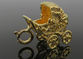 925 Sterling Silver - Vintage Shiny Gold Plated Baby Carriage Pendant - PT9387 - £22.49 GBP