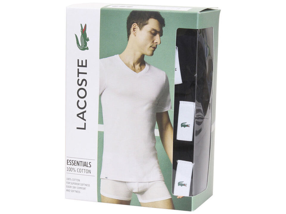 Lacoste Essentials 3 Pack BLACK Slim Fit V Neck T-shirts Cotton NWT STY TH3374