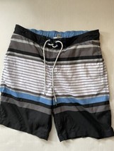 Goodfellow Mens Swim Trunks Size Medium Blue Black White Striped Bathing Suit - £4.98 GBP