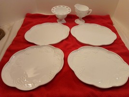 Set of 6 Vintage Indiana White Milk Glass Harvest Grape Plates, Creamer &amp; Bowl - £29.17 GBP