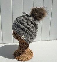 Winter Knit Beanie Hat Skull Cap Soft Solid Gray with Camel Fur Pom Recycle #B - £7.58 GBP