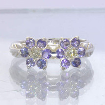 Blue Tanzanite Yellow Diamond 925 Silver Ring size 9.5 Twin Flower Design 393 - £113.12 GBP
