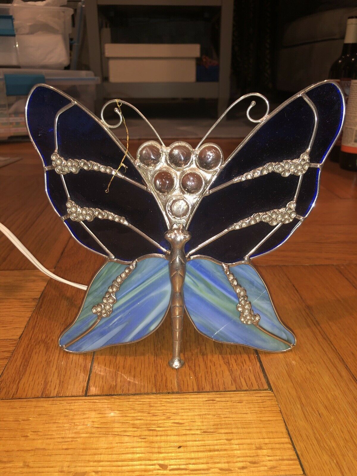 Nursery Night Light Stained Cut Glass Lamp Light Blue Colorful Butterfly Accent - $29.99