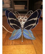 Nursery Night Light Stained Cut Glass Lamp Light Blue Colorful Butterfly... - £23.59 GBP