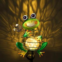 Frog Solar Garden Light, Metal Stake Light Crackle Glass Waterproof Glob... - $32.06