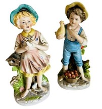 Homco porcelain bisque barefoot girl &amp; boy w/ birds figurines 8 in 2 pieces VTG - £14.66 GBP