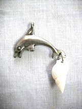 NEW MARINER DOLPHIN w REAL WHOLE WHITE SHELL DANGLE PEWTER PENDANT ADJ N... - €7,27 EUR