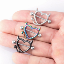 1 Pair 14G Surgical Steel Devious Heart Nipple Barbell Piercing - £5.60 GBP