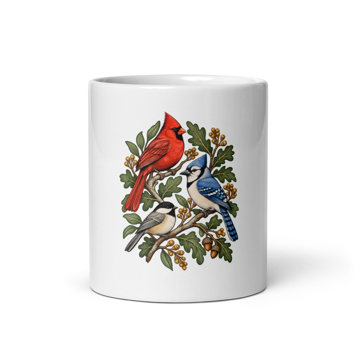 Digital mockup of Backyard Birds Mug 11 oz - Cardinal Blue Jay Chickadee Bird Lover Gift