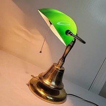 Vintage Brass Bankers Lamp W Ringing Bell Base Emerald Green Glass Shade... - $121.14