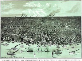 6135.Birds eye view of of Detroit,Michigan 1800 18x24 Poster.Map aerial Art Deco - £22.18 GBP