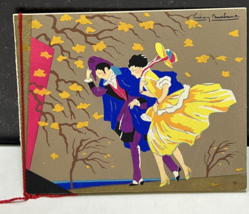 Art Deco Gouache Pochoir Stencil Couple In the Autumn Wind Signed Card - £45.15 GBP