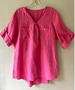 ELLEN TRACY Roll Tab Sleeve Linen Tunic Hot Pink V Neck Blouse Pockets S... - $295.54 MXN