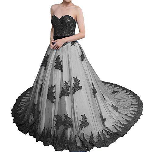 Vintage Black Lace Long A Line Sweetheart White Prom Dress Wedding Gown US 14